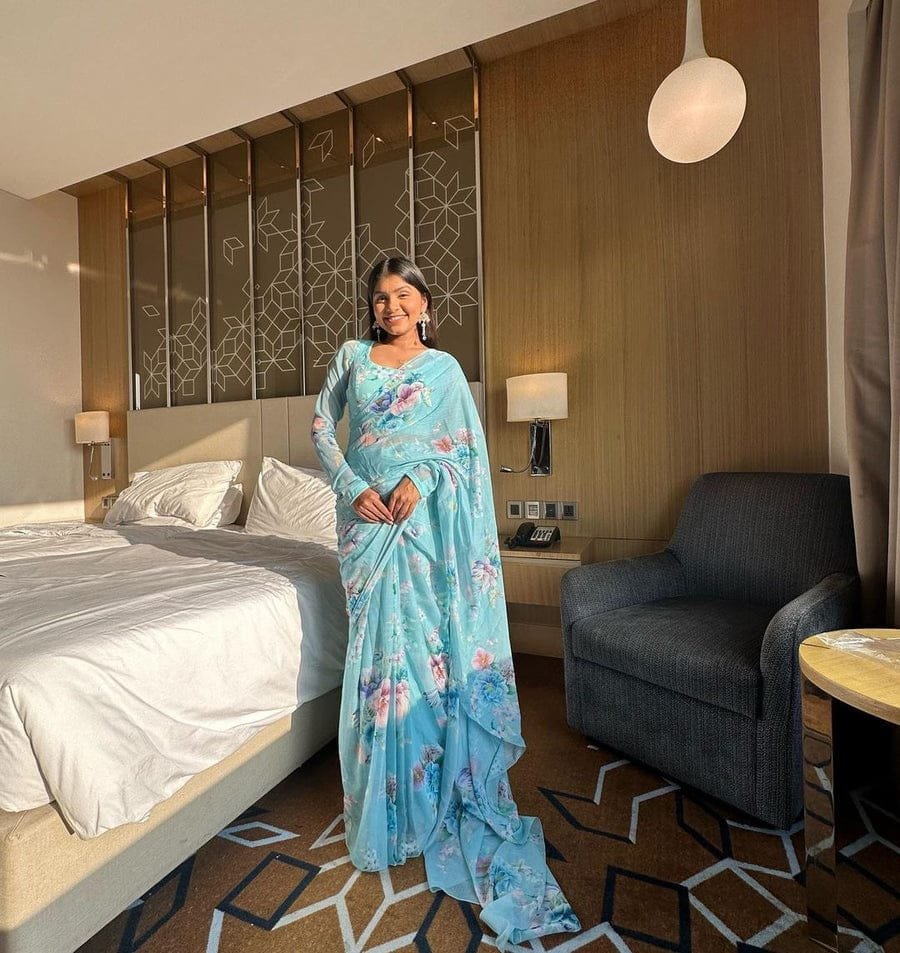Sky Blue Serenity Georgette Printed Saree