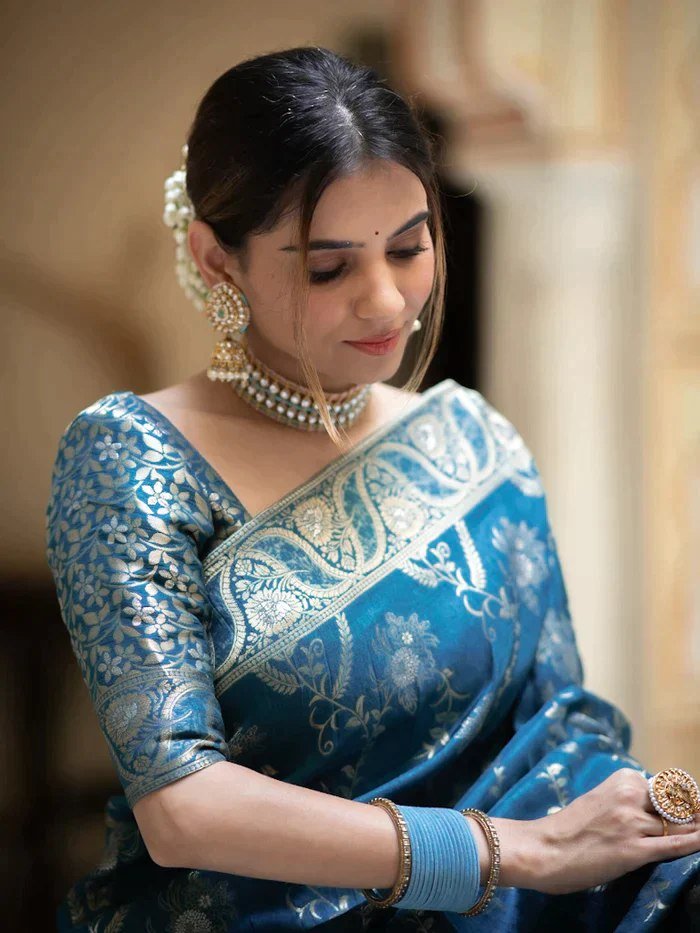 “Ocean Sapphire Blue” Banarasi Silk Saree