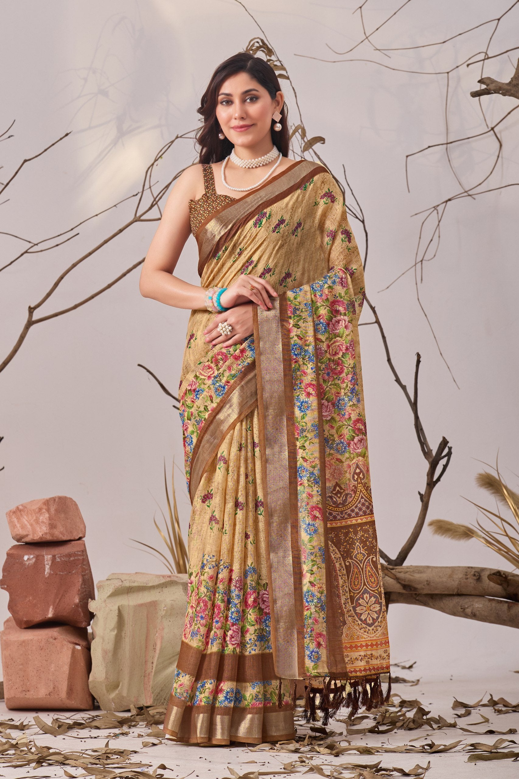 Soft Blue Elegance Linen Cotton Saree