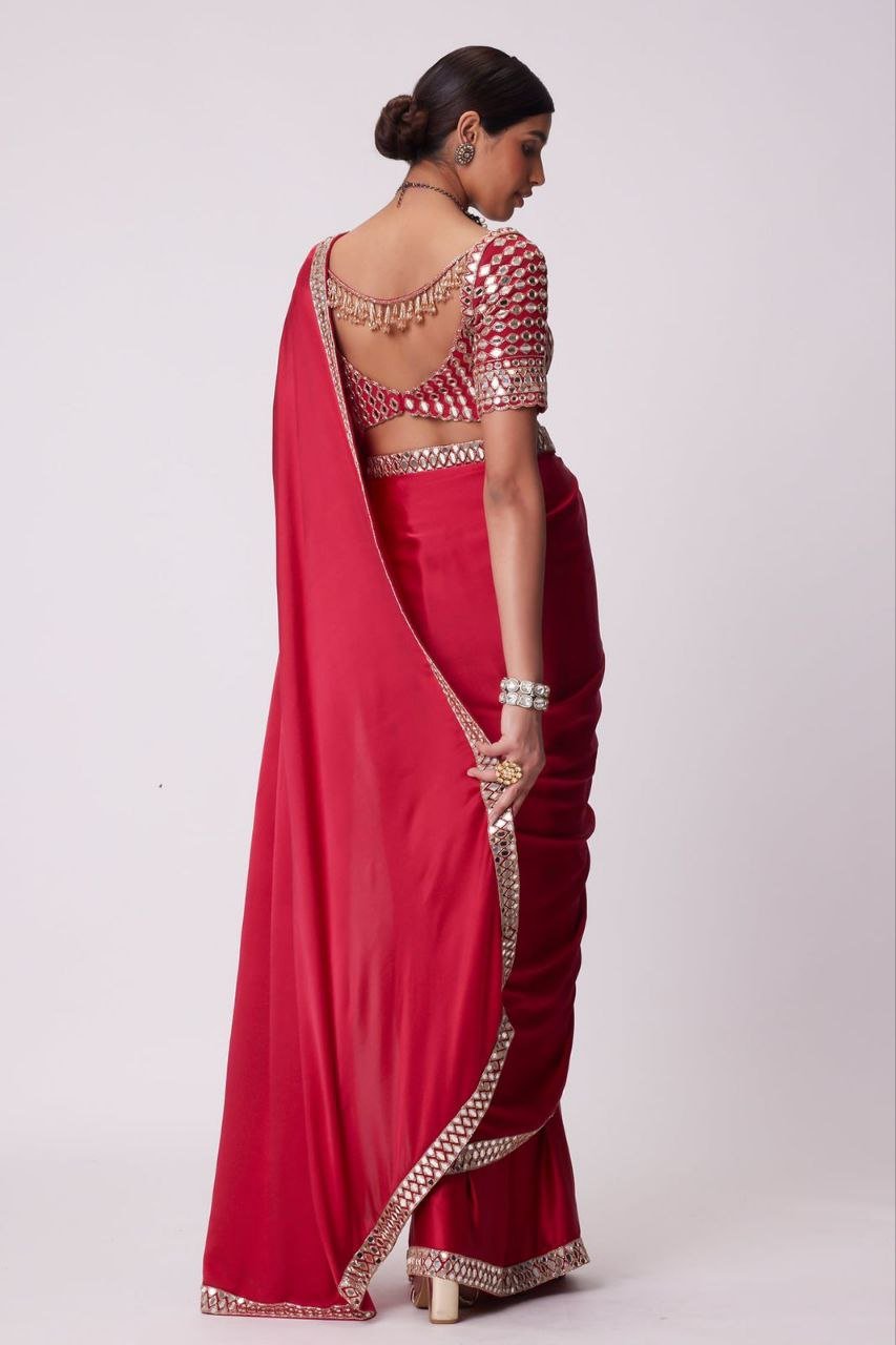 Premium French Crape Silk Saree with Heavy Real Mirror Work & Designer Blouse