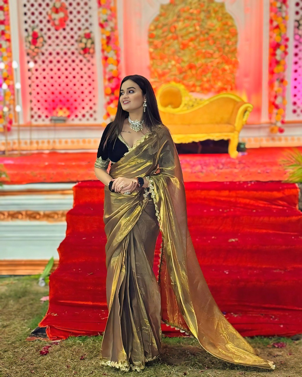 Graceful Green Fancy Silk Saree with Contrasting Black Blouse
