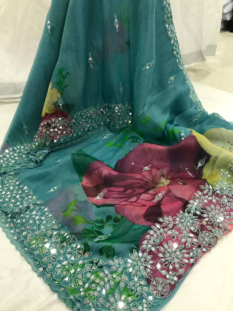 Premium Buttery Soft Organza Saree with Digital Print & Real Mirror Work