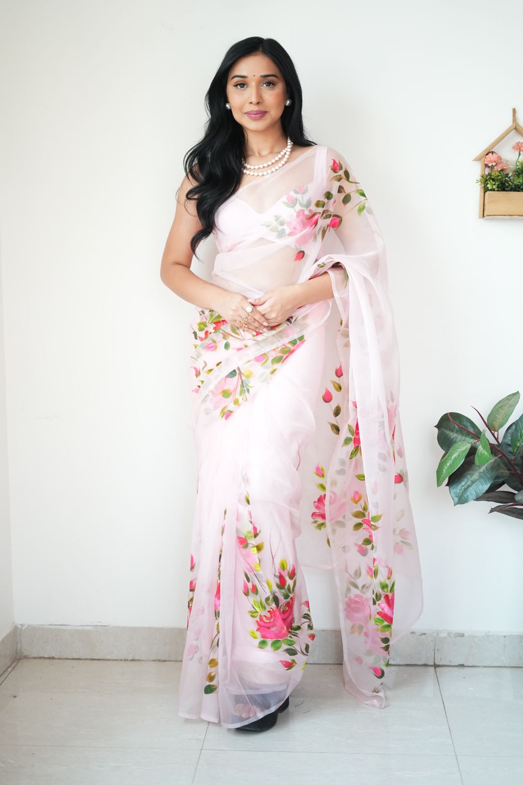 Elegant White Organza Printed Ready-to-Wear Saree