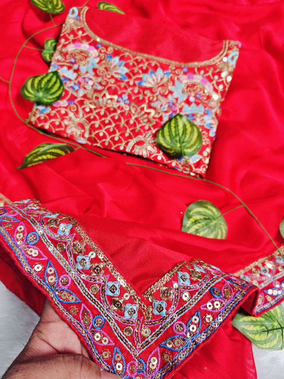 new red designer party-wear saree
