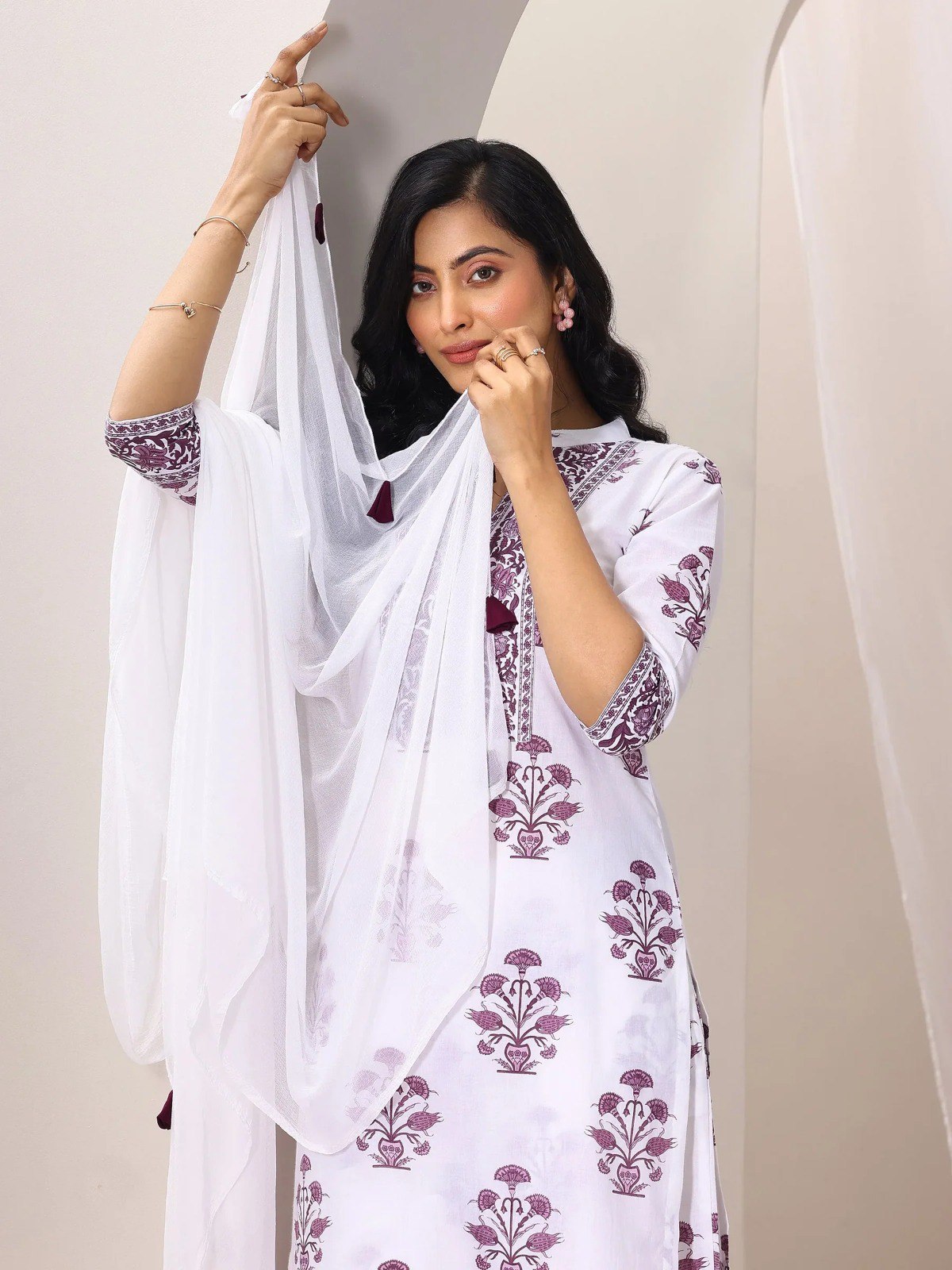 White Printed Kurti Set with Dupatta