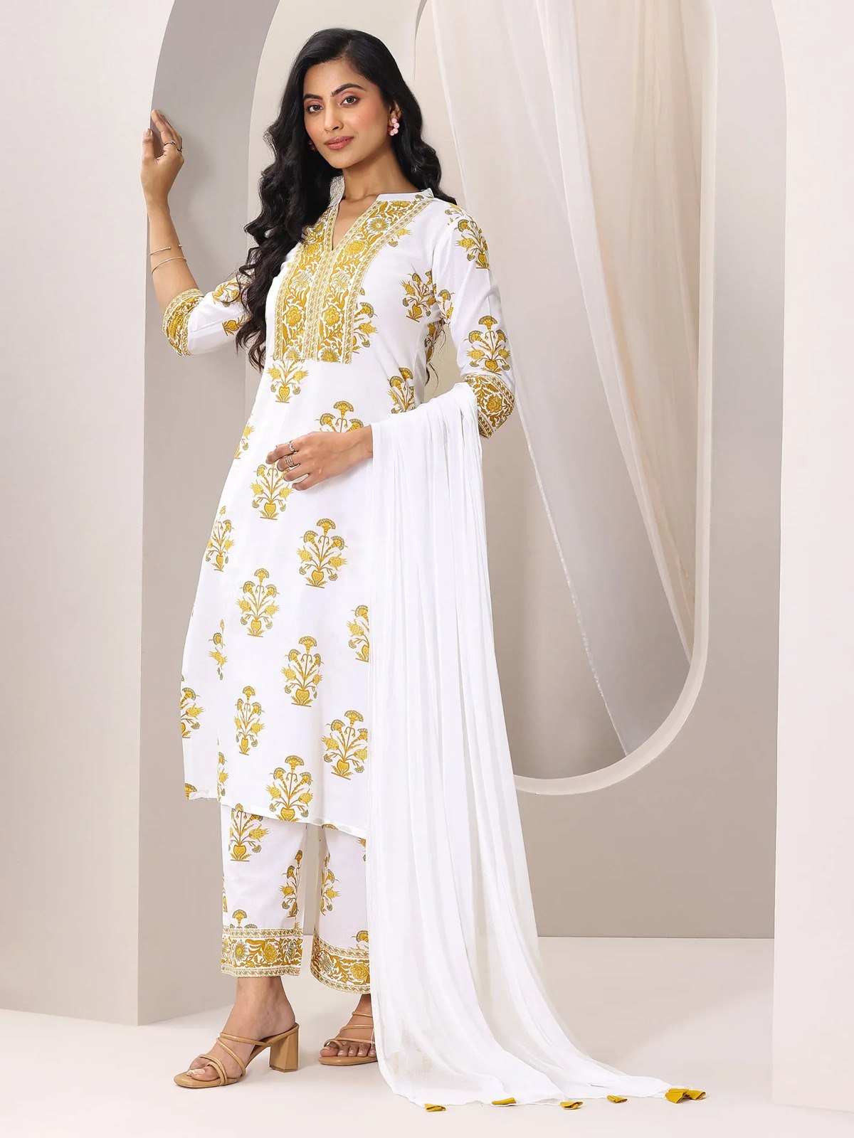 White Printed Kurti Set with Dupatta