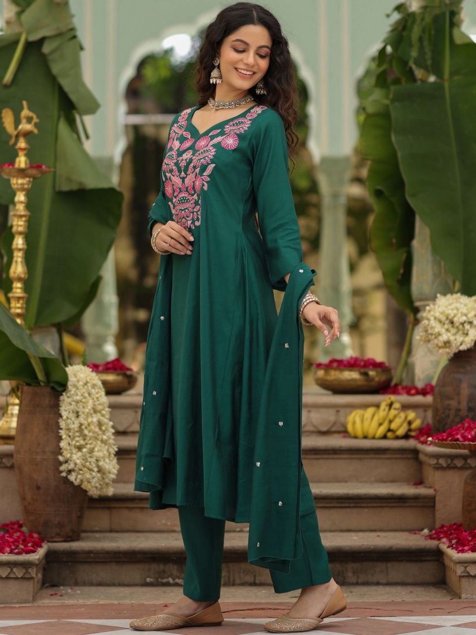Rayon Slub Embroidered Kurti Pant Set with Heavy Chanderi Dupatta