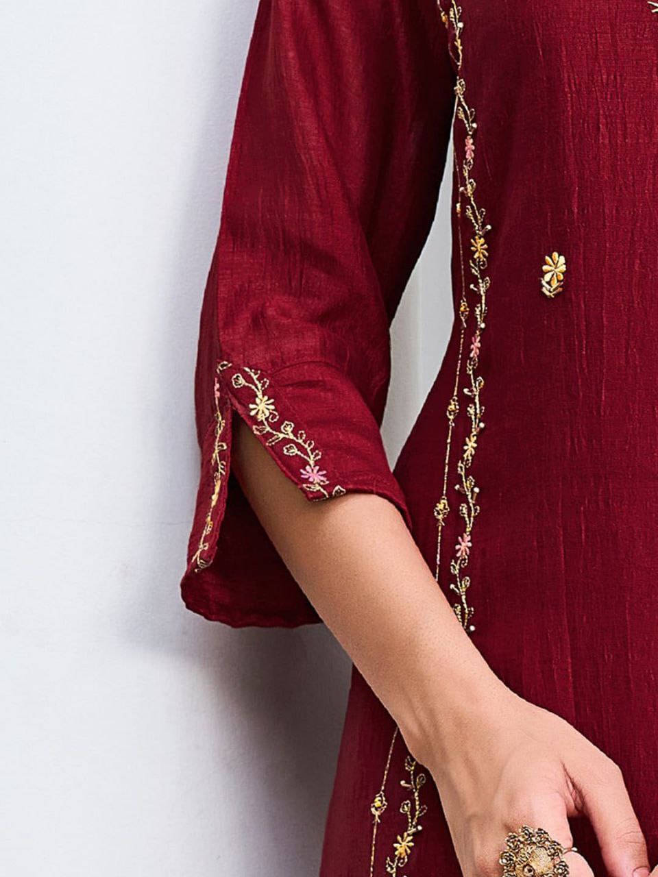 Vichitra Silk Embroidered Kurti Pant Set with Vichitra Silk Dupatta
