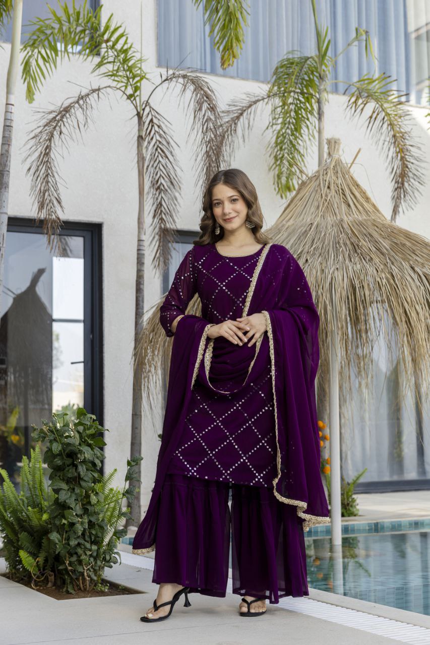 Heavy Fox Georgette Embroidered Kurti Pant Set with Georgette Dupatta