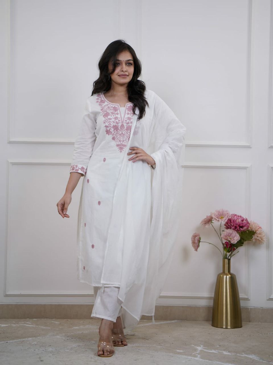 Pure Cotton Embroidered Kurti Pant Set with Nazmin Dupatta