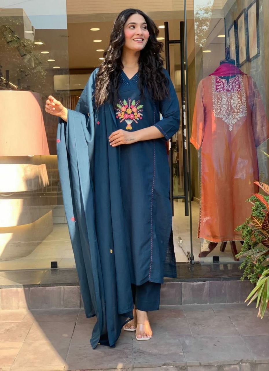 Rayon Slub Embroidered Kurti Pant Set with Chanderi Cotton Dupatta