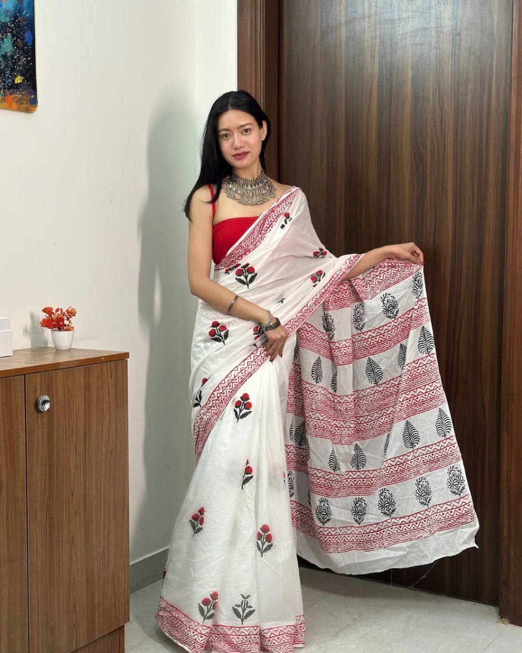 Ready To Wear Mul Cotton Printed Saree with Pocket