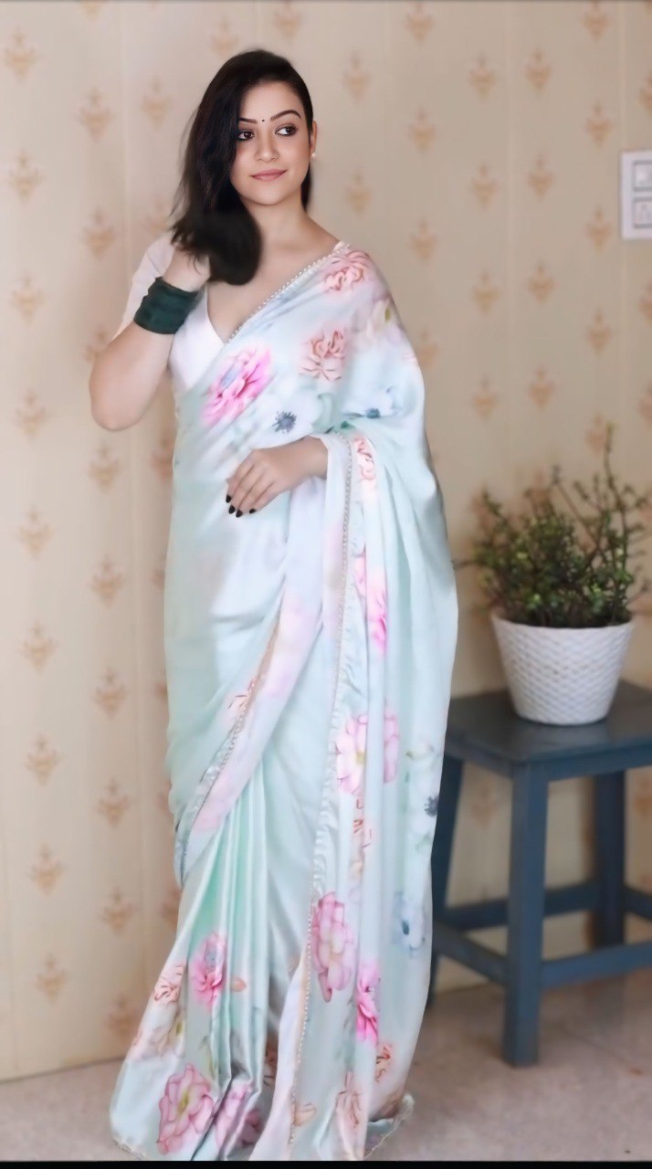 Elegant White Ready To Wear Satin Silk Printed Saree