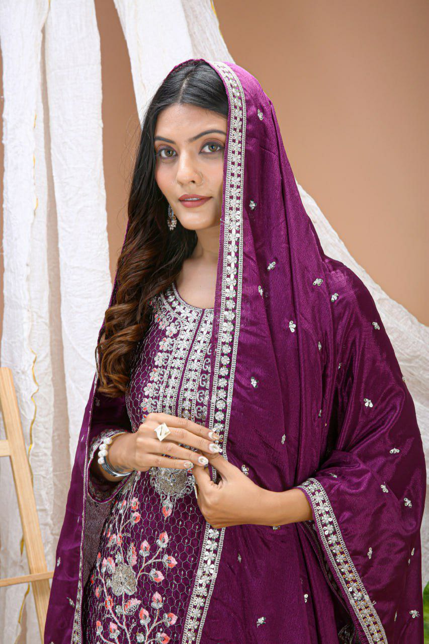 Chinon Embroidered Kurti Sharara Set with Dupatta