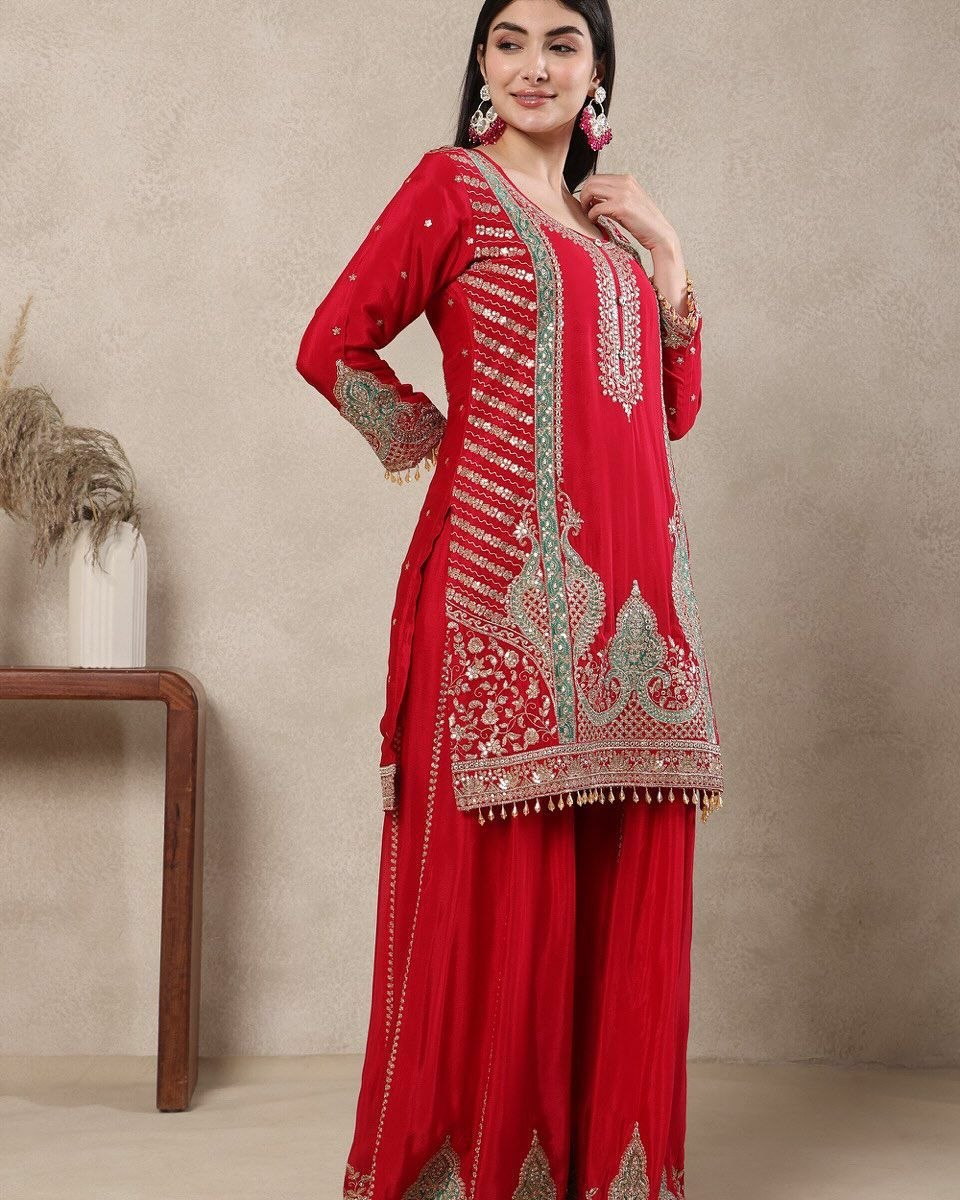 Heavy Chinon Silk Sequence Embroidered Kurti Sharara Set with Dupatta