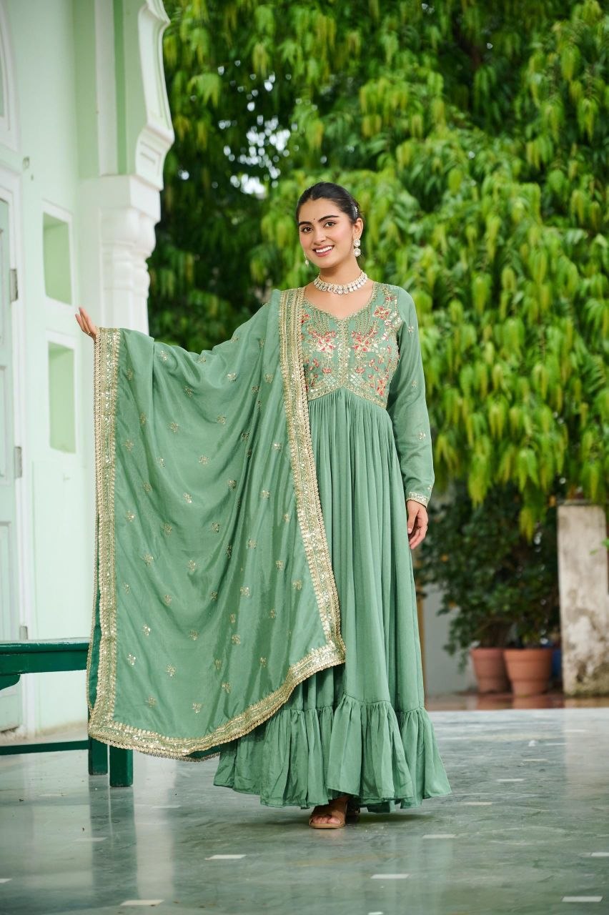 Designer Vichitra Silk Gown with Embroidered Dupatta