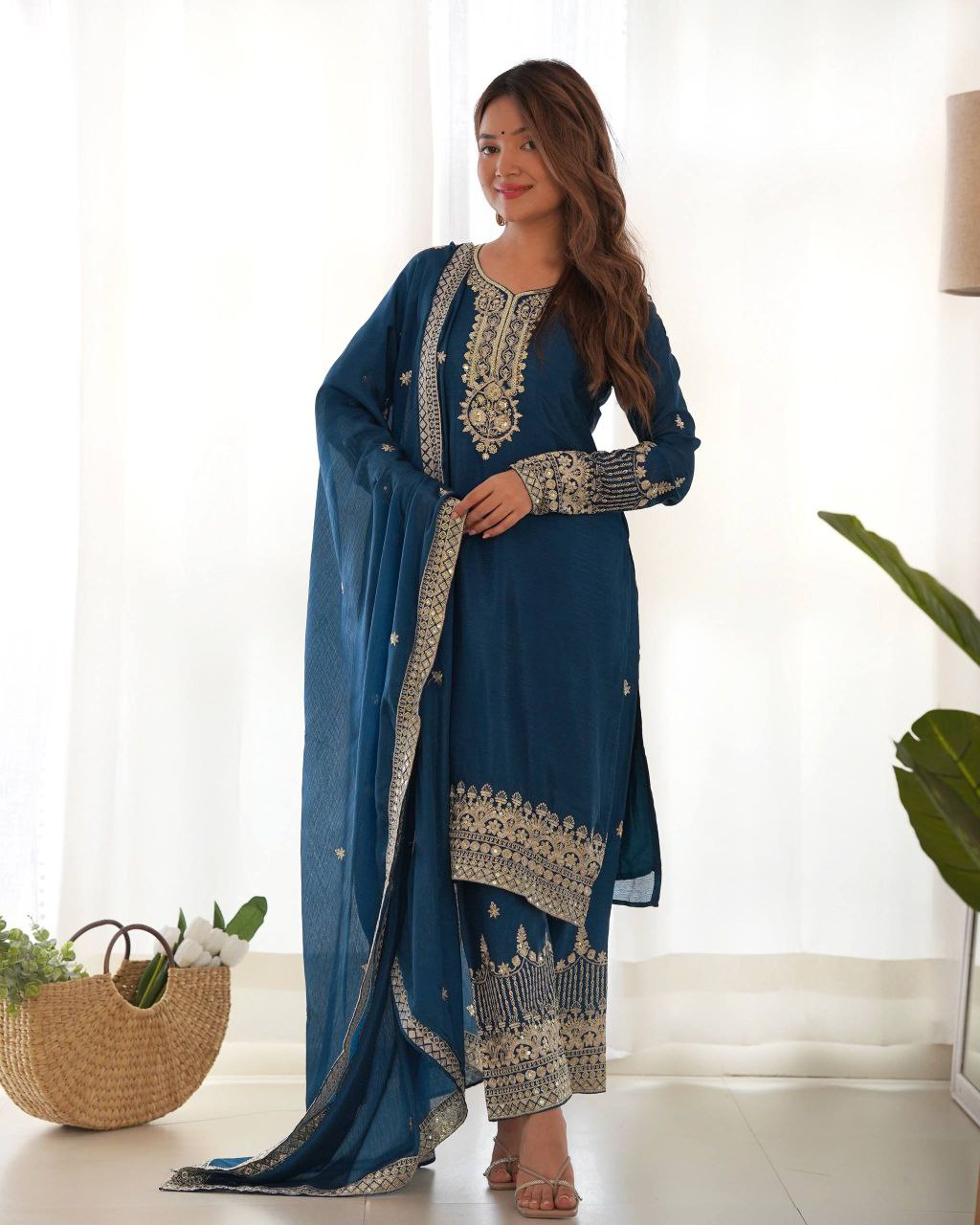 Premium Pure Chinon Silk Kurta Set with Embroidery & Dupatta