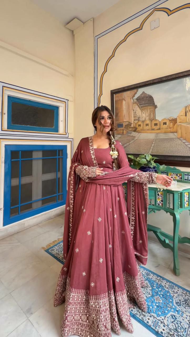 Designer Mul Chanderi Silk Gown Set with Pant & Dupatta
