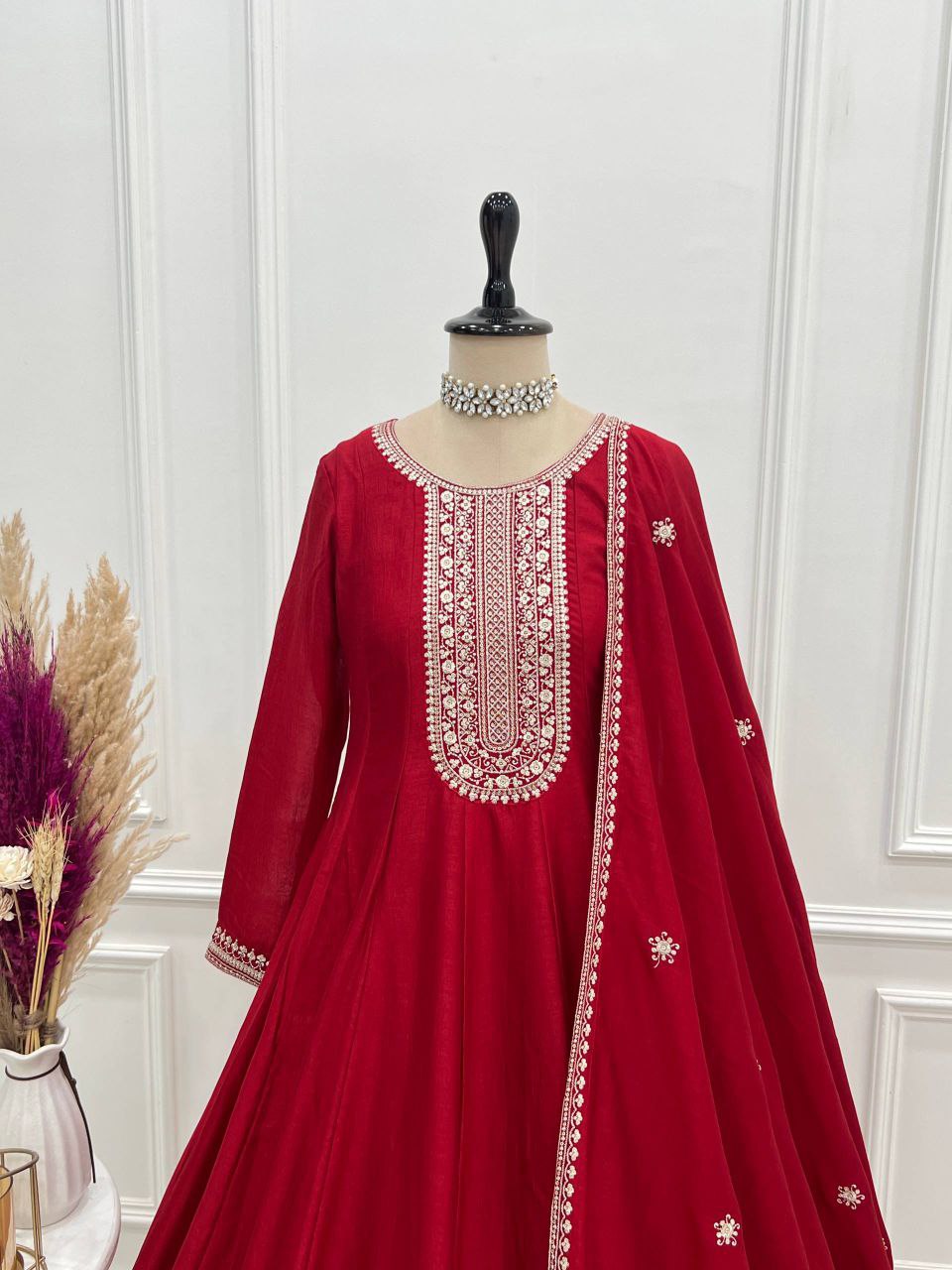 Designer Heavy Pure Vichitra Silk Anarkali Gown Set