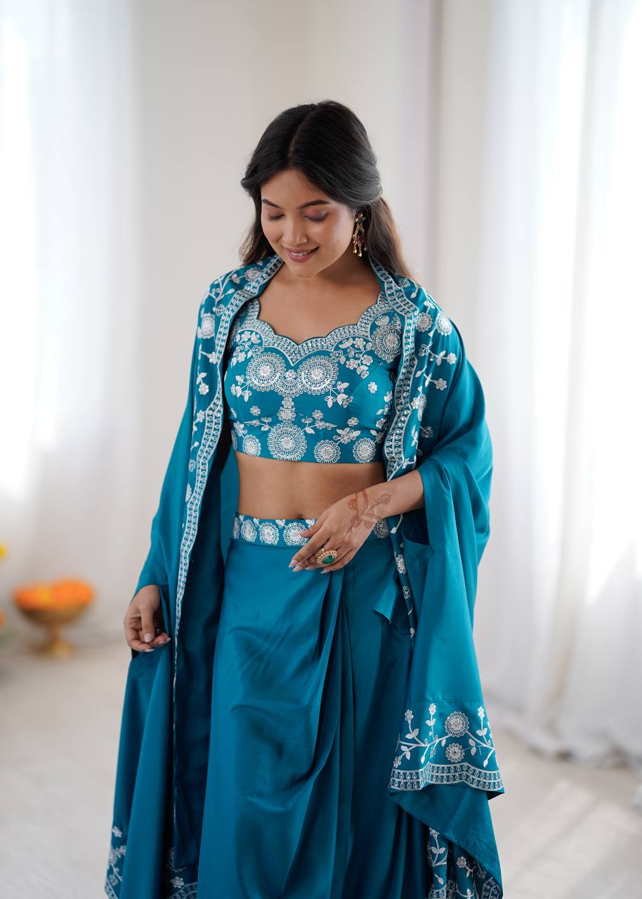 Premium Crepe Silk Dhoti Set with Shrug & Choli