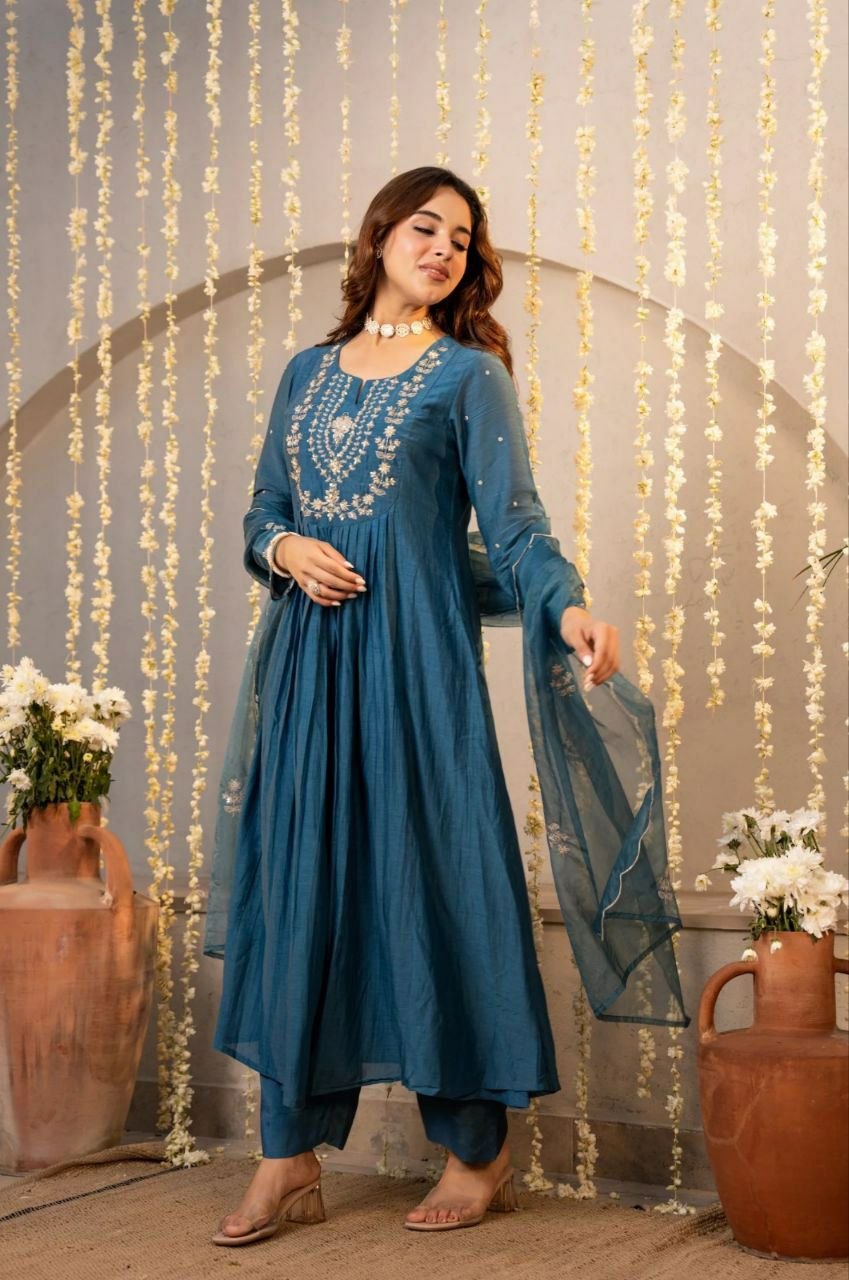Pure Viscose Chanderi Silk Kurta Set with Embroidered Dupatta