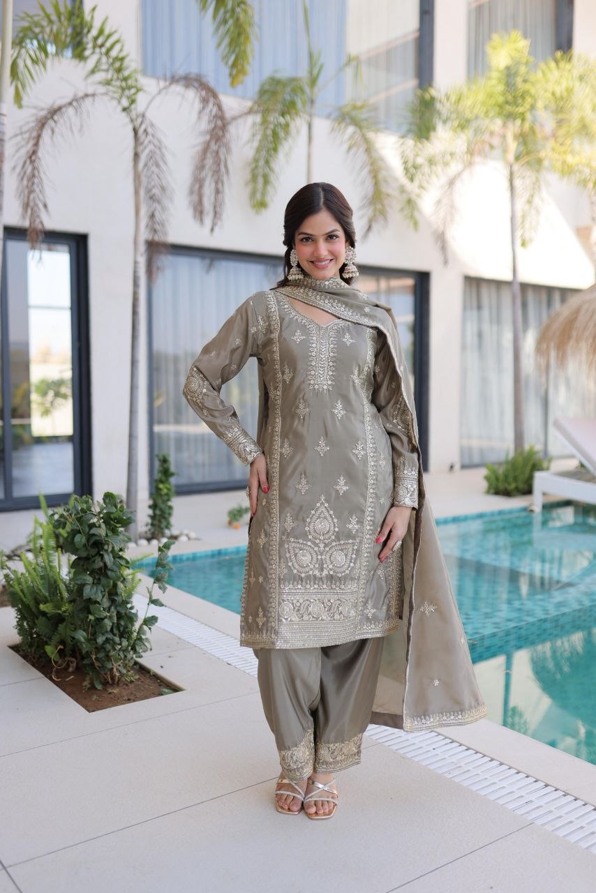 Designer Silk Kurti Set with Zari & Thread Embroidery