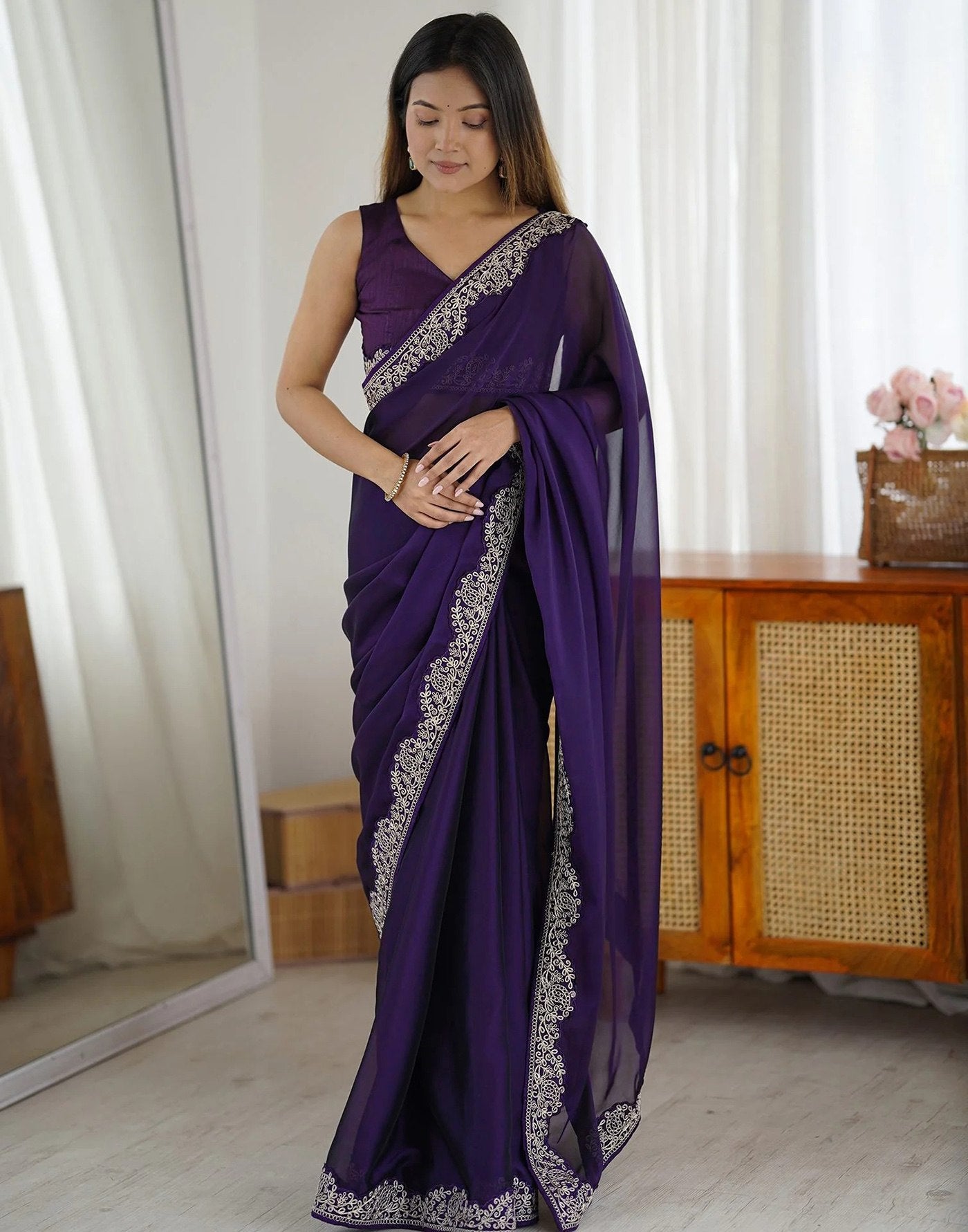 Purple Rangoli Party Wear Saree with Embroidery Work