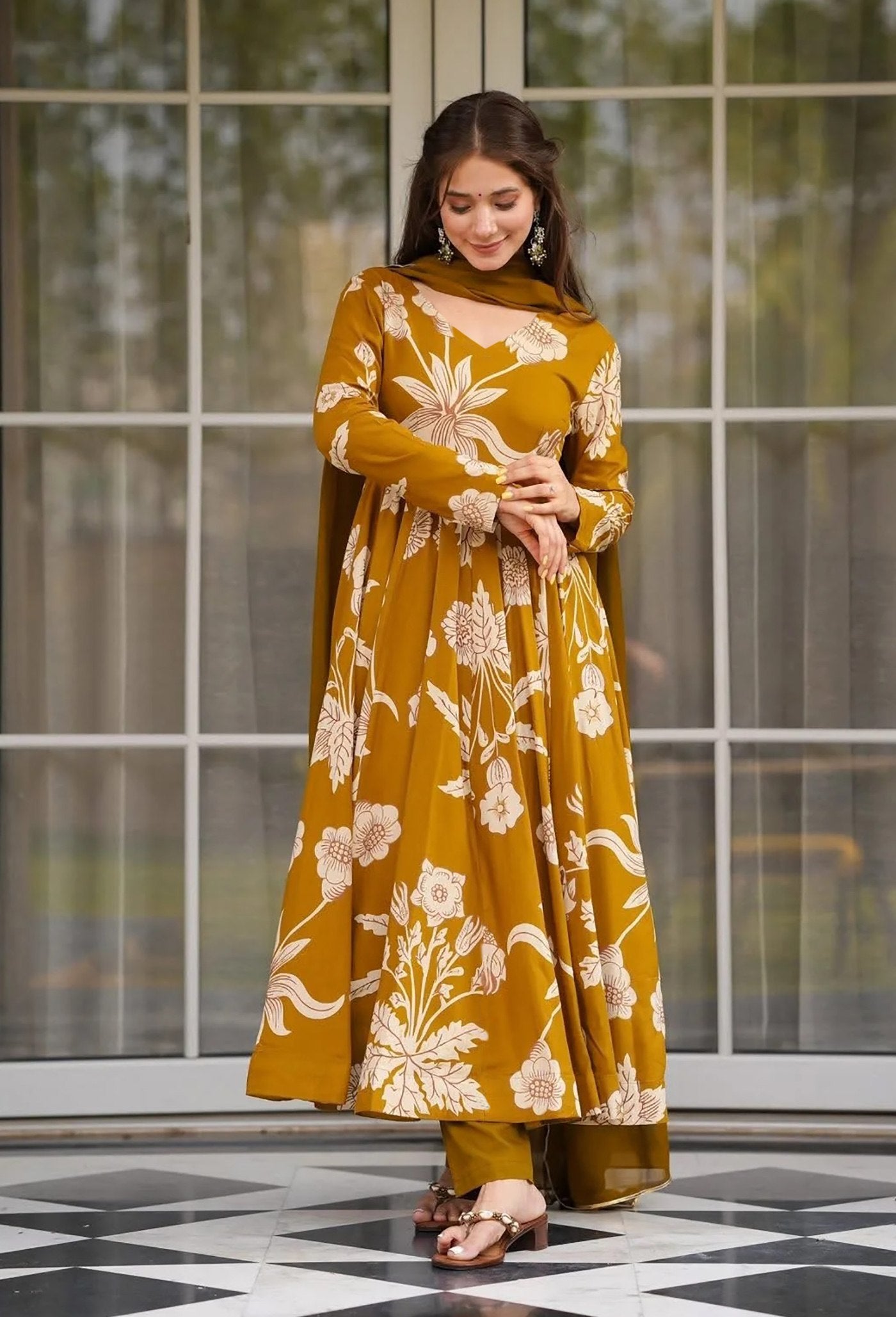 Women’s Yellow Rayon Slub Anarkali Kurta Pant Set with Georgette Dupatta