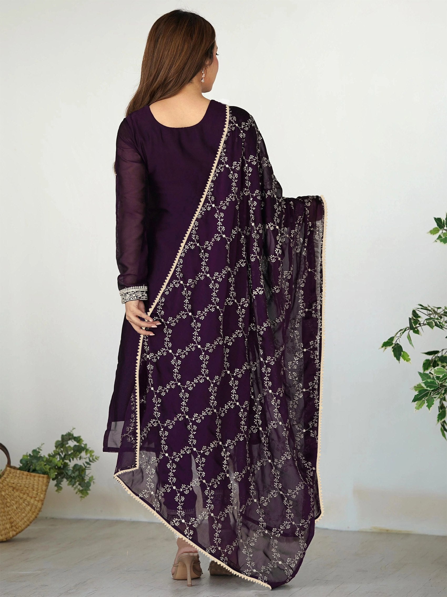 Women’s Purple Georgette Embroidered Kurta Pant Dupatta Set