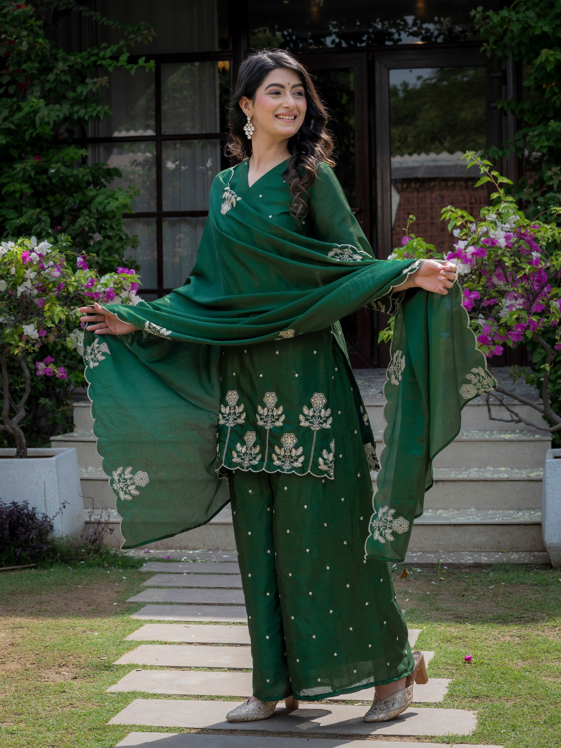 Premium Chinon Embroidered Kurti Set with Dupatta