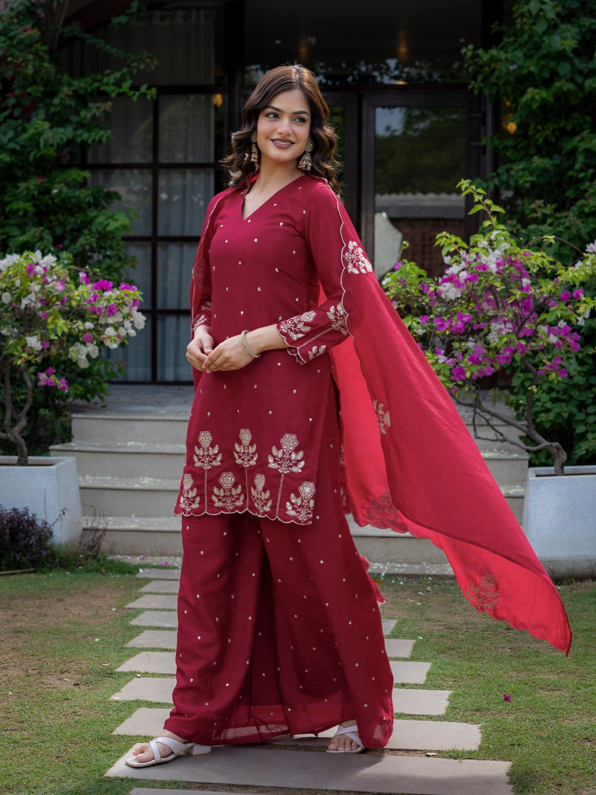 Premium Chinon Embroidered Kurti Set with Dupatta