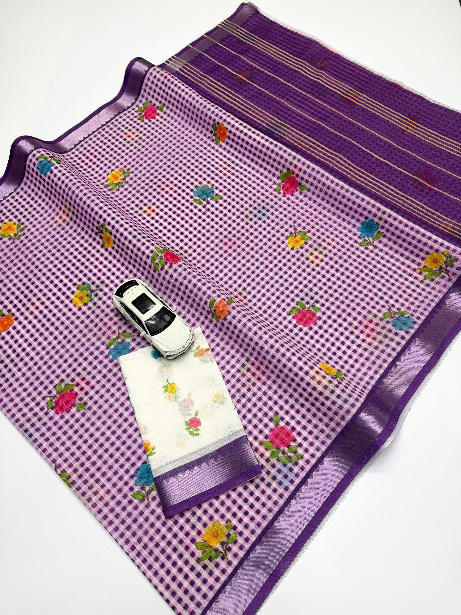 Soft Linen Saree with Mangalagiri Border & Digital Print