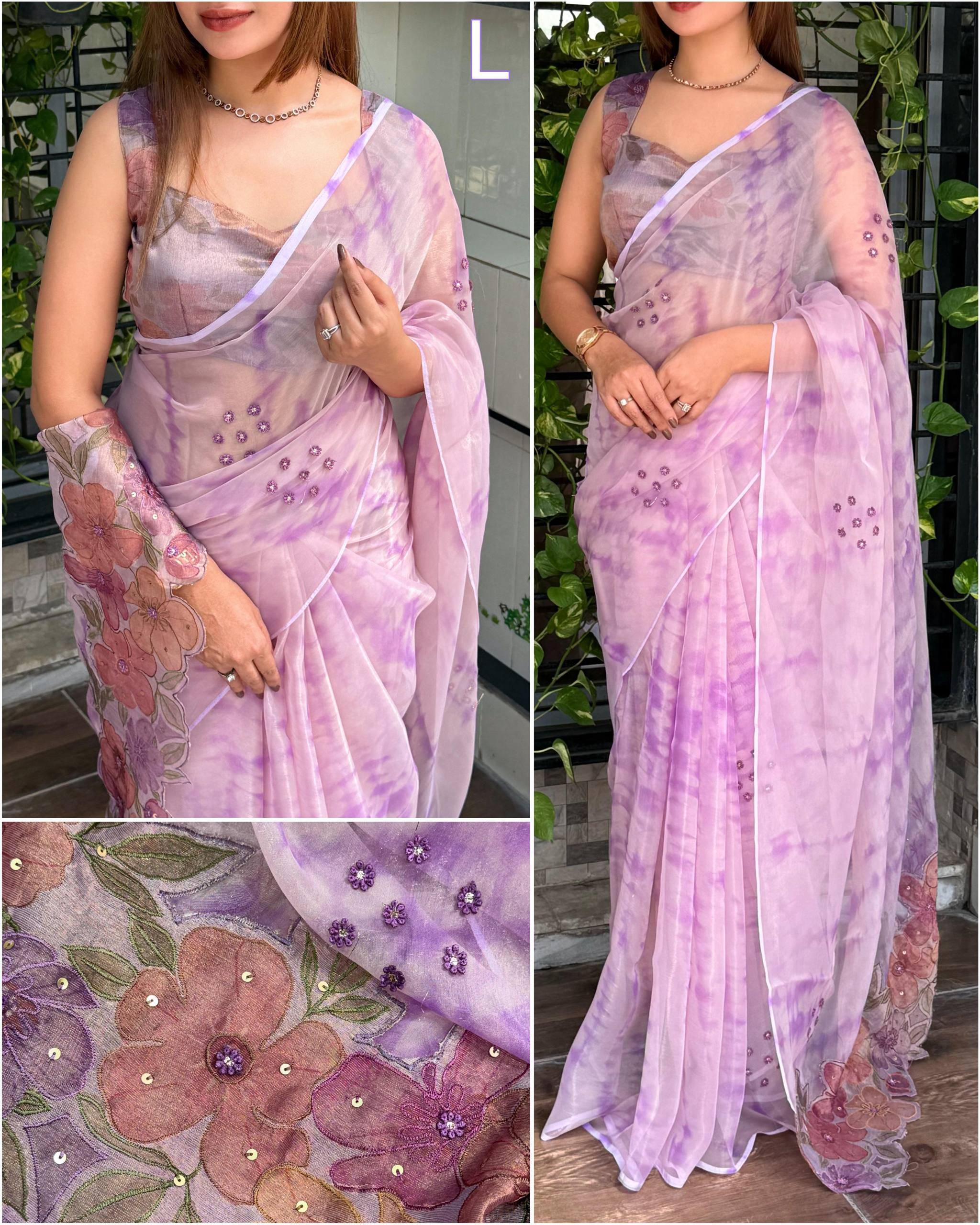 Pure Glass Tissue Designer Saree with Hand Applique Work