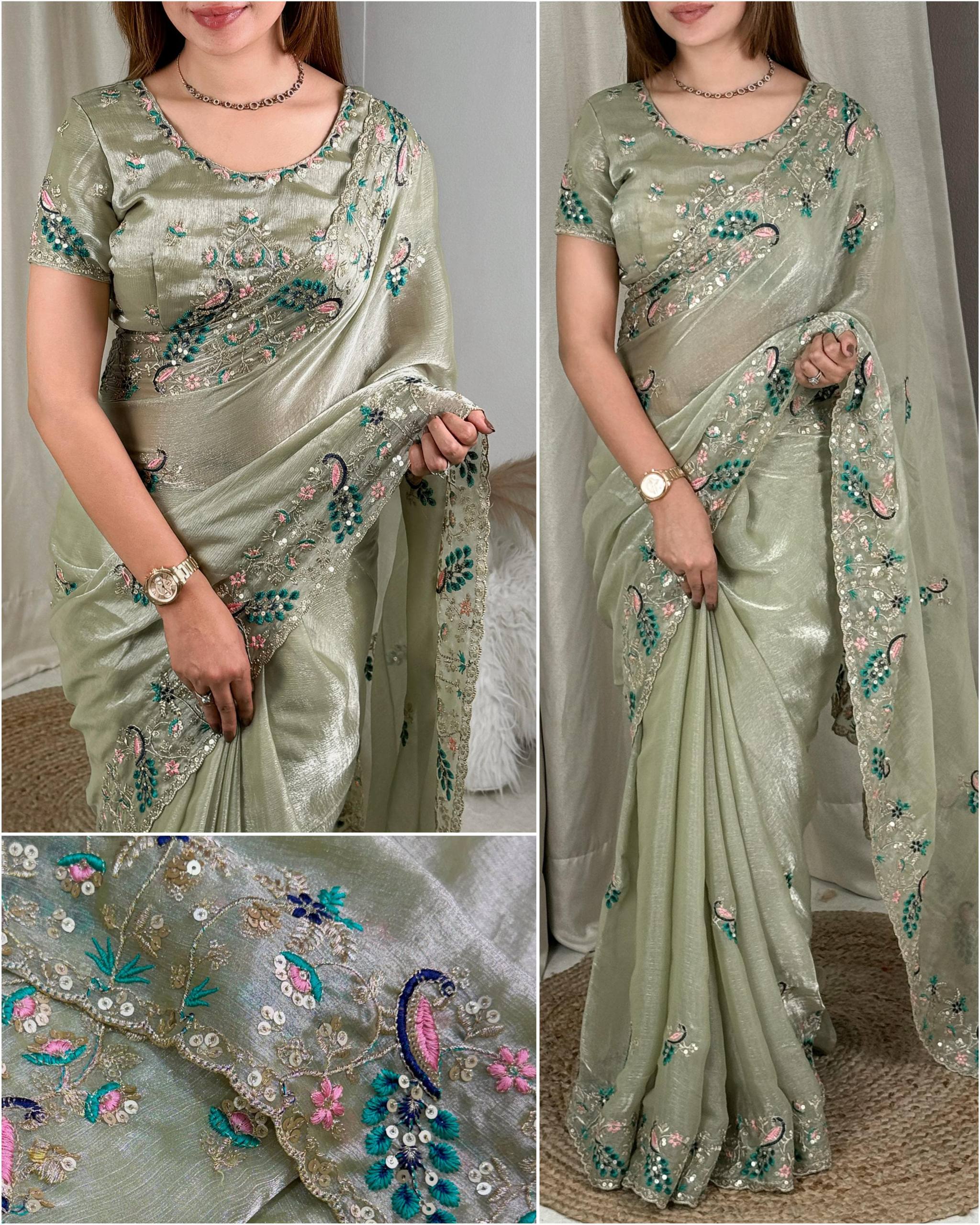 Party Wear Fandy Chiffon Saree with Sequins & Embroidered Blouse
