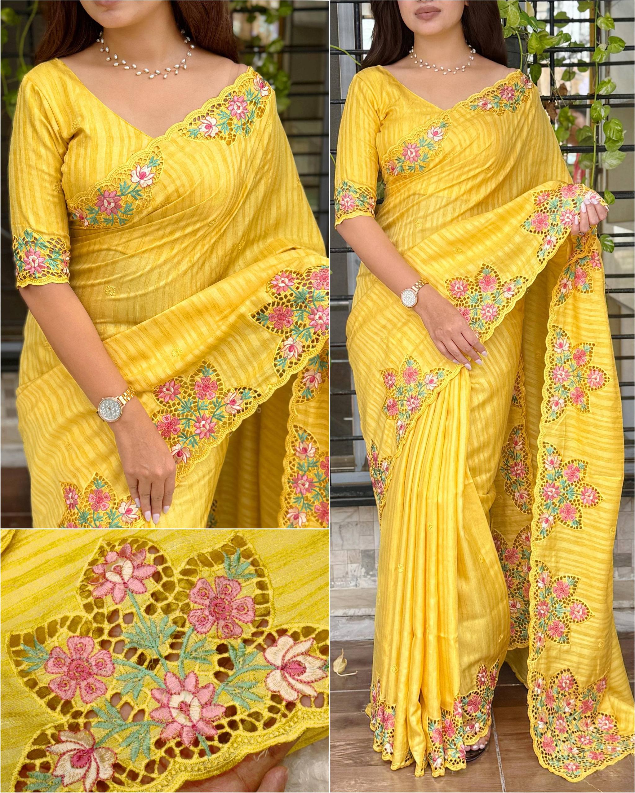 Festive Tusser Cotton Saree with Embroidery & Cutwork