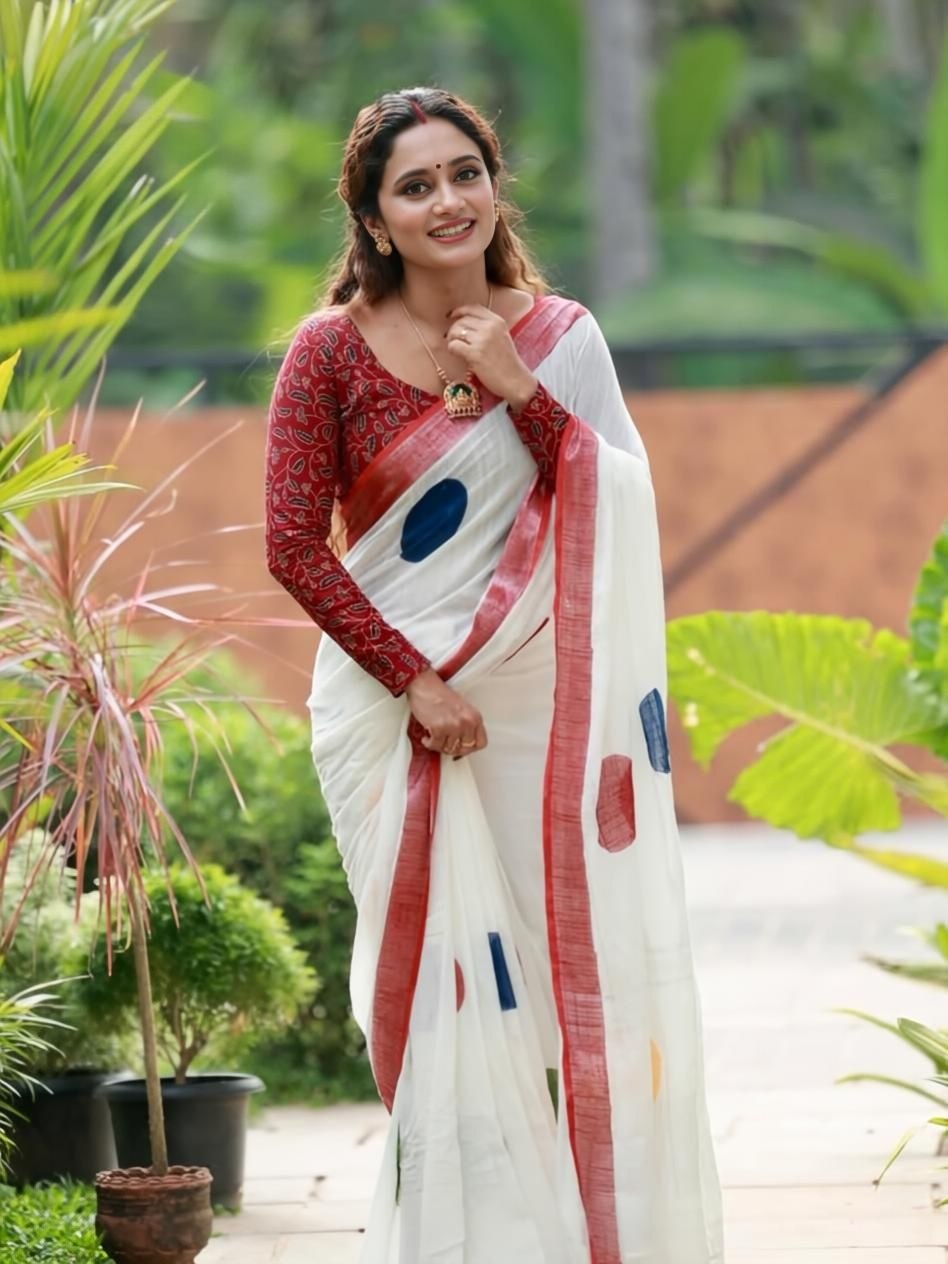 Soft Linen Saree with Digital Print & Silver Jari Border