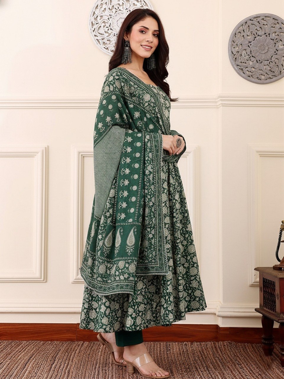Dark Green Rayon Printed Kurti Set with Pant & Dupatta