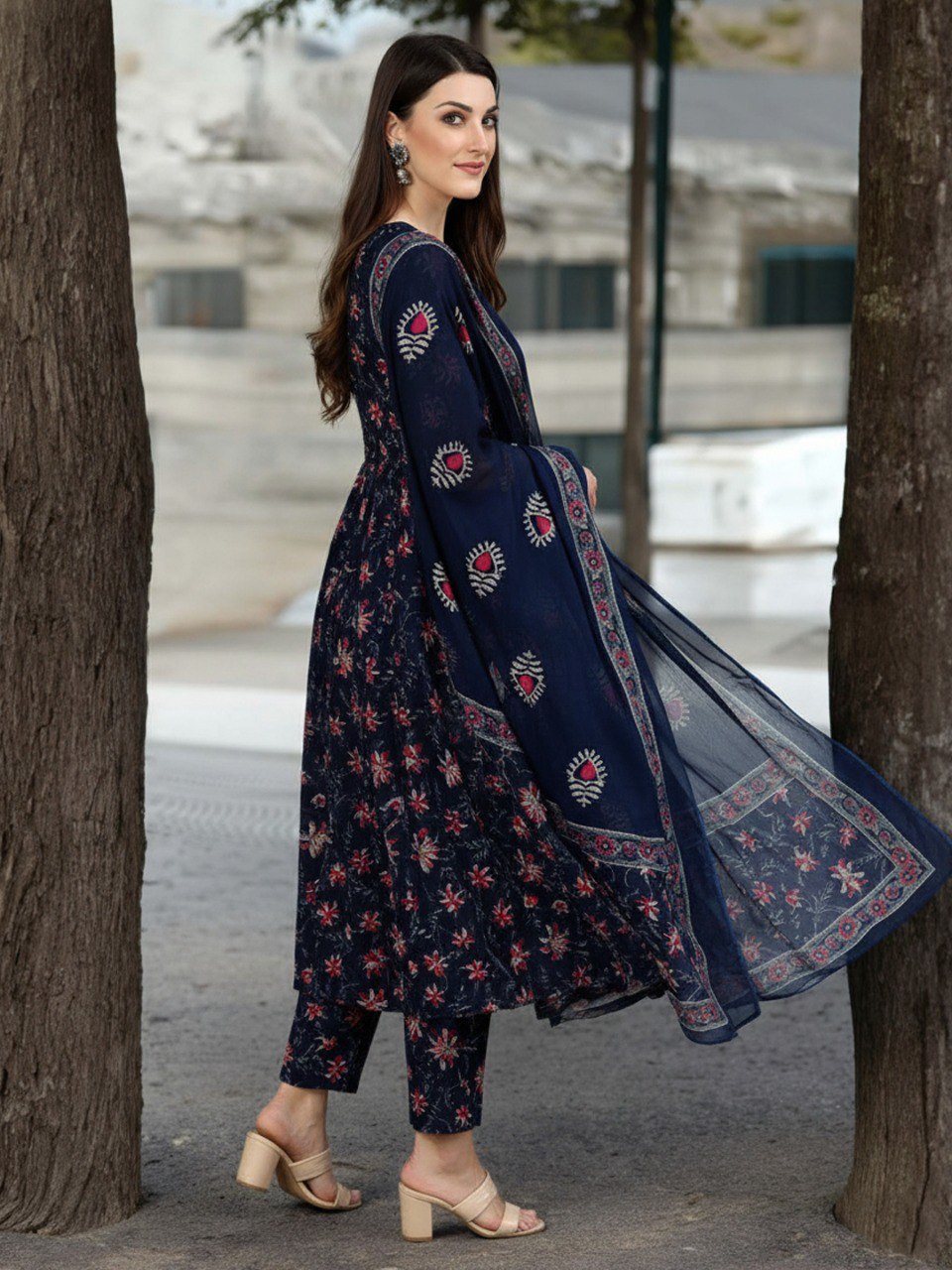 Navy Blue Rayon Printed Kurti Set with Dupatta