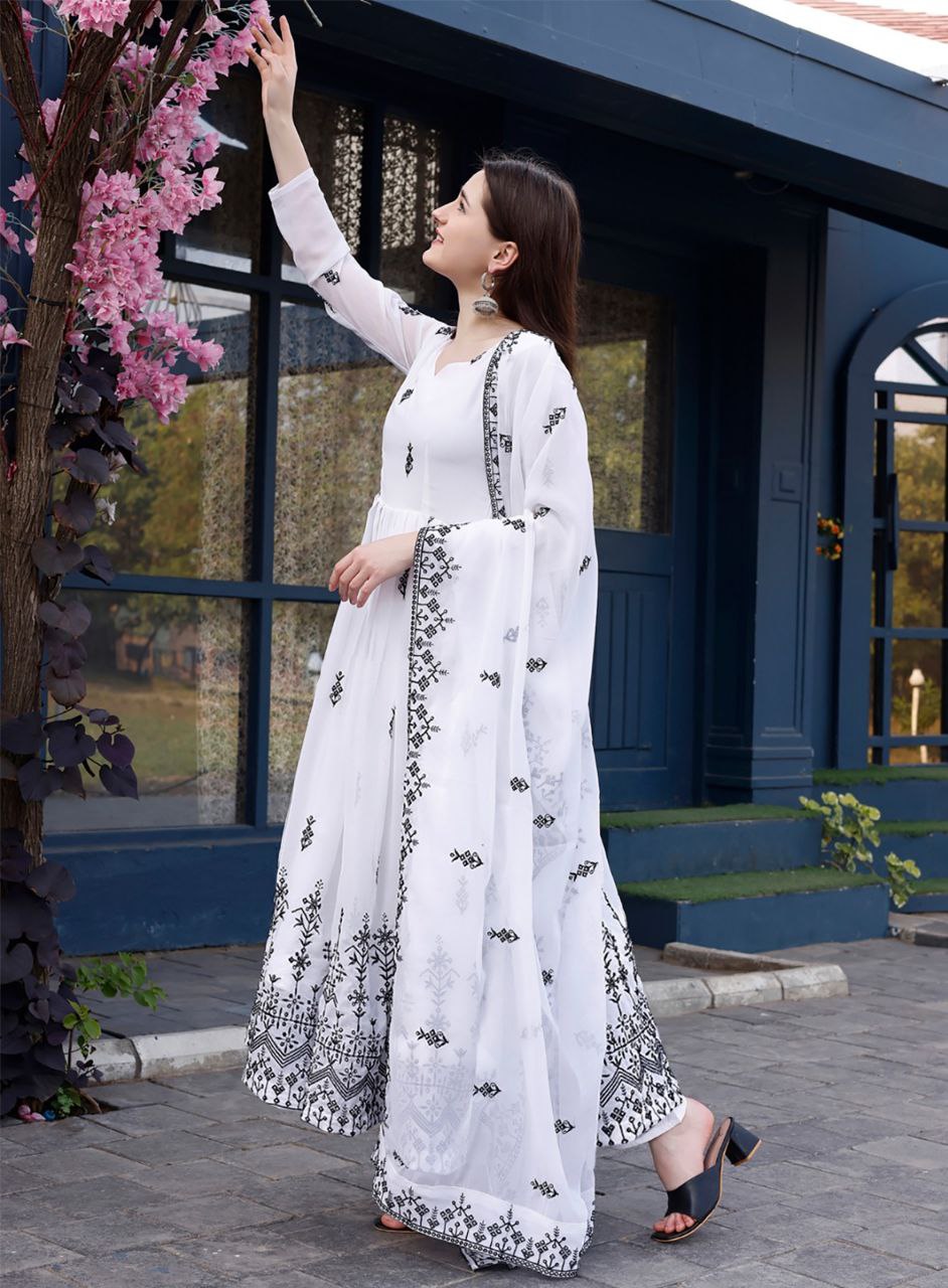 Designer White Anarkali Gown with Dupatta