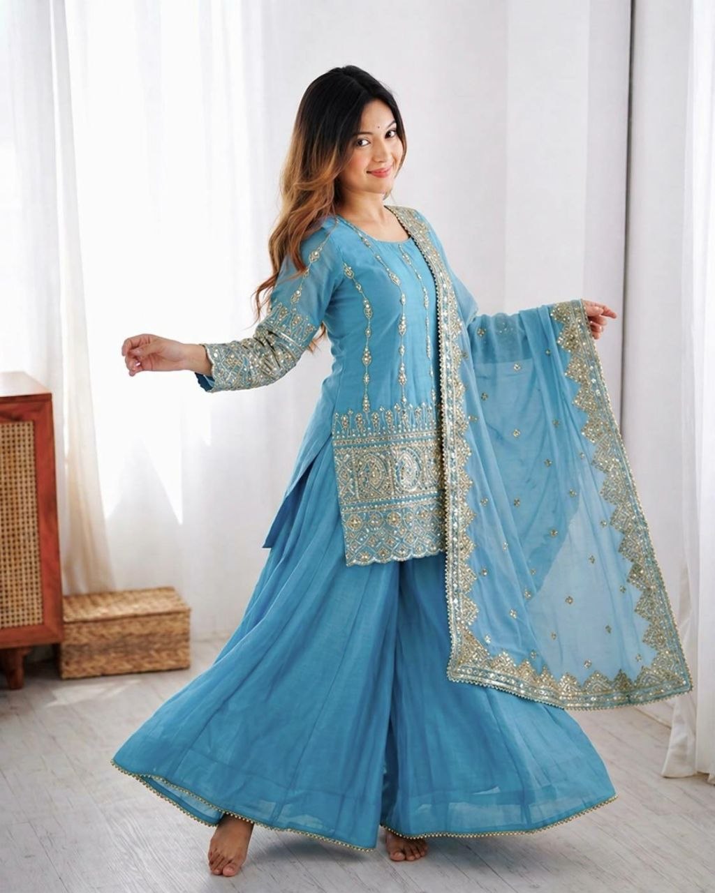 Elegant Vichitra Silk Embroidery Sharara Set with Dupatta