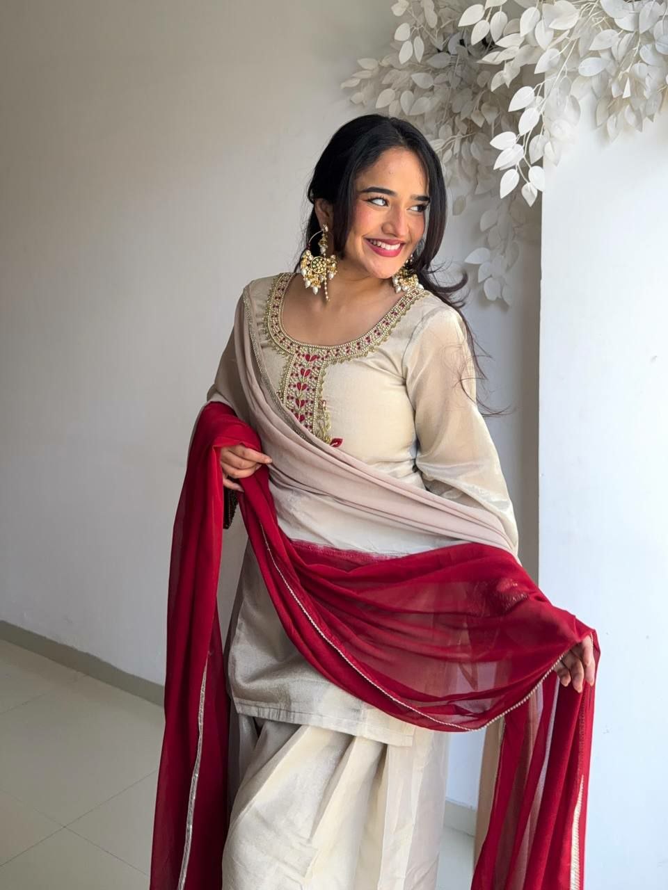 Elegant Organza Embroidered Kurti Set with Farshi Pant & Printed Dupatta