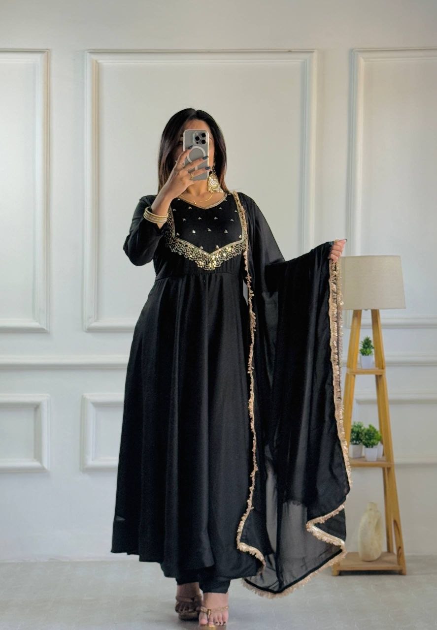 Elegant Star Georgette Embroidered Gown Set with Pant & Dupatta