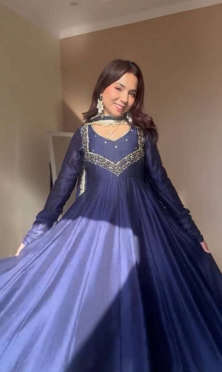 Premium Star Georgette Gown with Heavy Embroidery & Pant Set