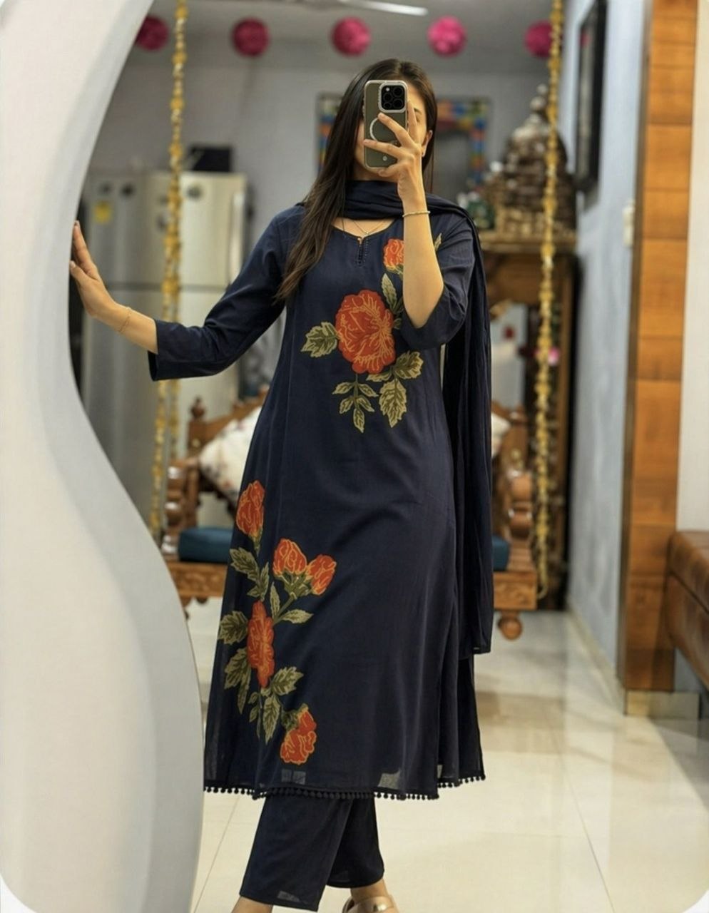Elegant Rose Embroidery Cotton Kurti Set with Pant & Dupatta