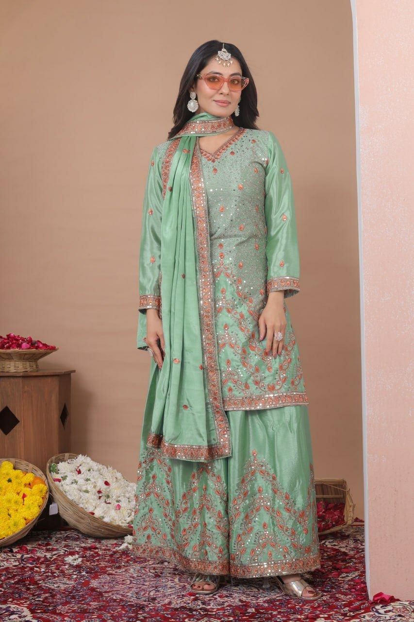 Elegant Chinon Embroidered Sharara Set with Dupatta