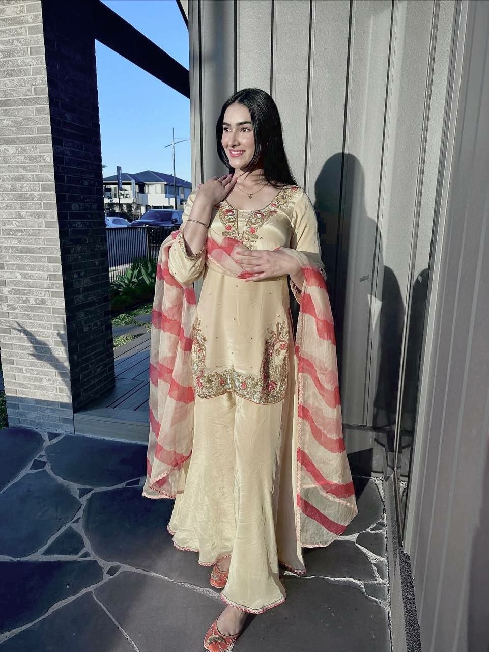 Elegant Crepe Silk Embroidered Kurti Set with Palazzo & Organza Dupatta