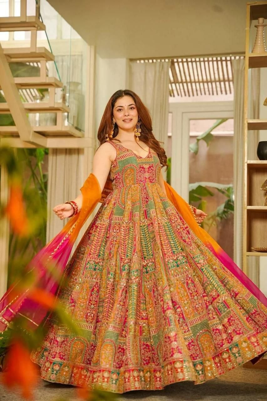 Elegant Digital Print Organza Anarkali Gown with Dupatta