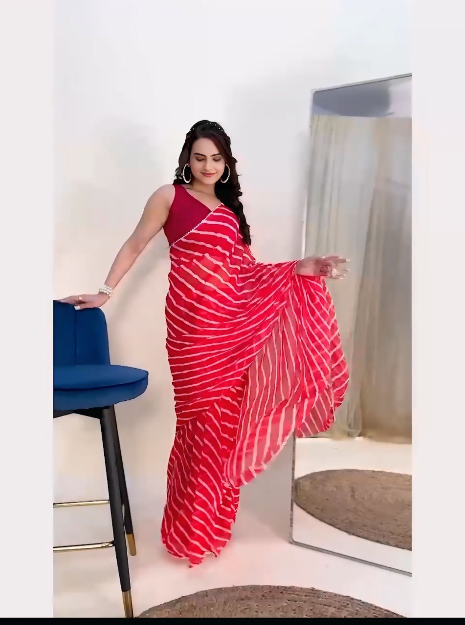 Red Printed Georgette Ready-to-Wear Saree