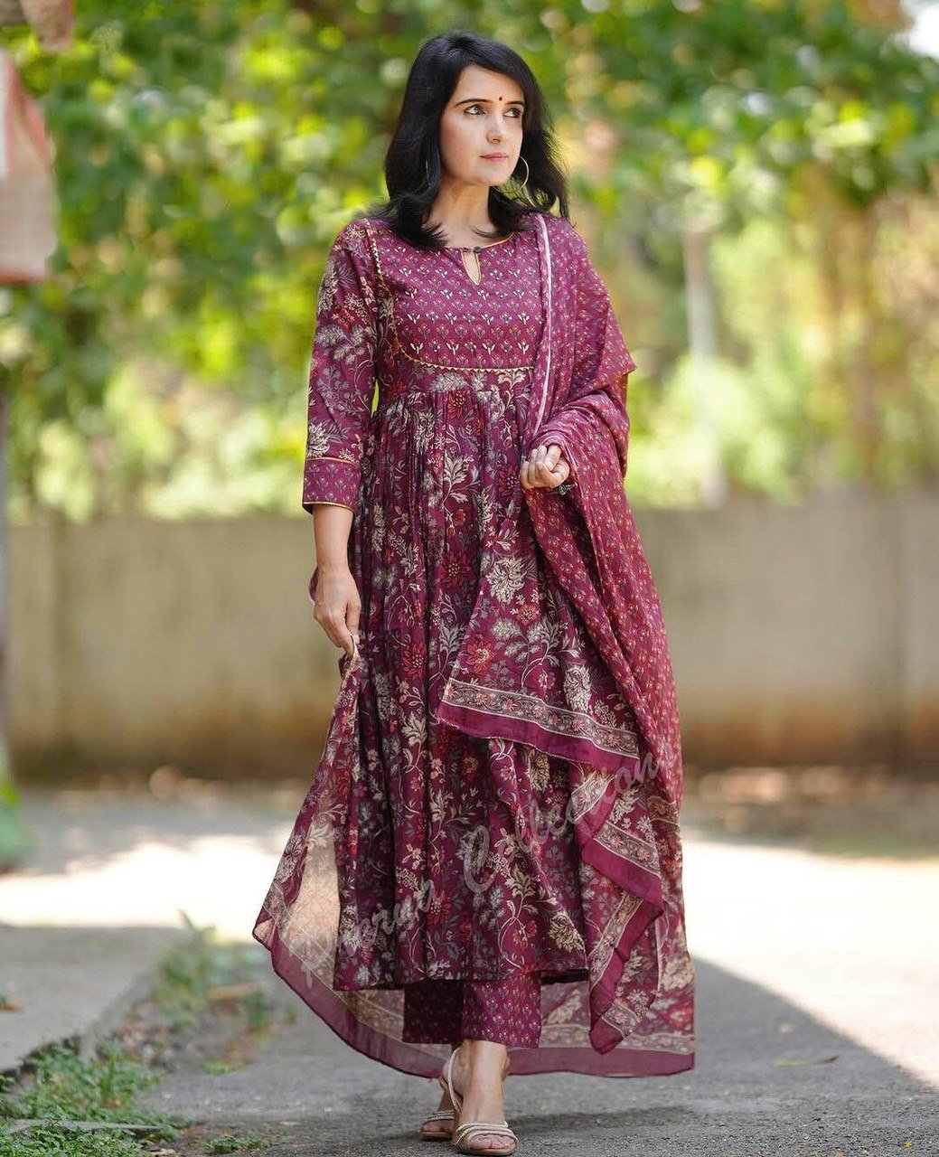 Maroon Glow Rayon Printed Kurti Pant Dupatta Set