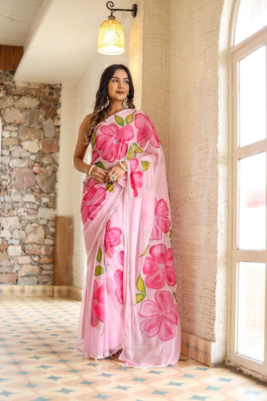 Blush Charm Pink Georgette Ready-to-Wear Saree